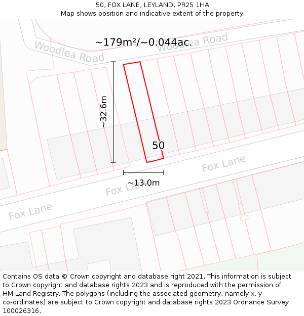 50, FOX LANE, LEYLAND, PR25 1HA: Plot and title map