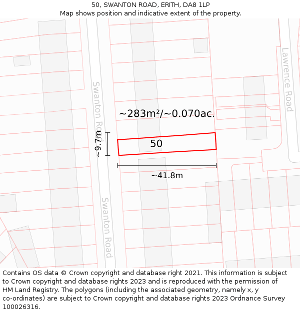 50, SWANTON ROAD, ERITH, DA8 1LP: Plot and title map