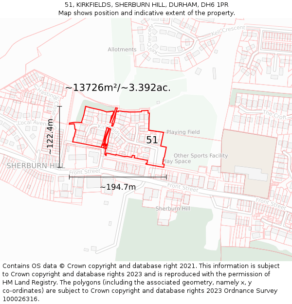51, KIRKFIELDS, SHERBURN HILL, DURHAM, DH6 1PR: Plot and title map