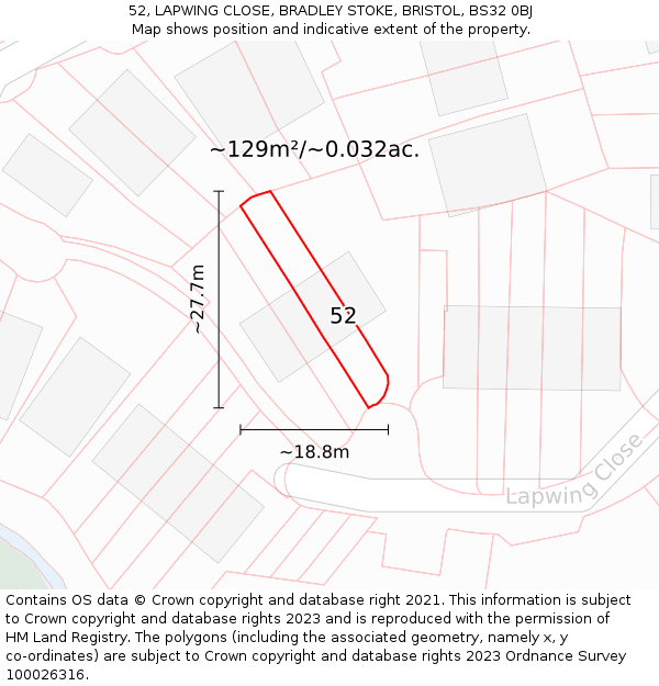 52, LAPWING CLOSE, BRADLEY STOKE, BRISTOL, BS32 0BJ: Plot and title map