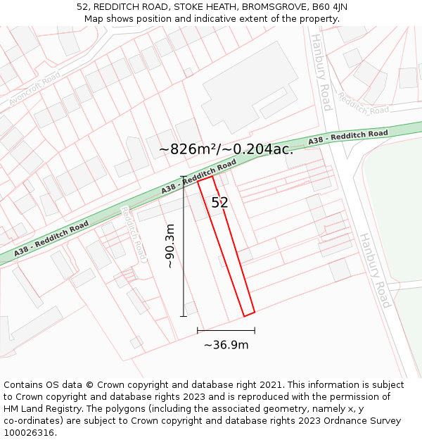 52, REDDITCH ROAD, STOKE HEATH, BROMSGROVE, B60 4JN: Plot and title map
