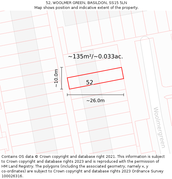 52, WOOLMER GREEN, BASILDON, SS15 5LN: Plot and title map