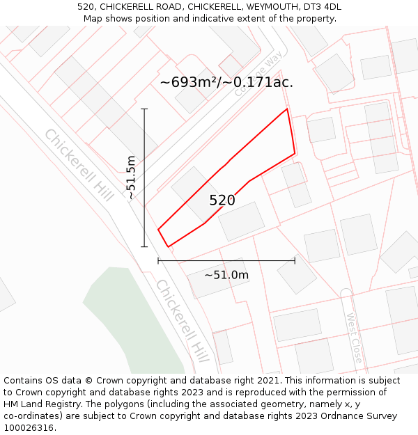 520, CHICKERELL ROAD, CHICKERELL, WEYMOUTH, DT3 4DL: Plot and title map
