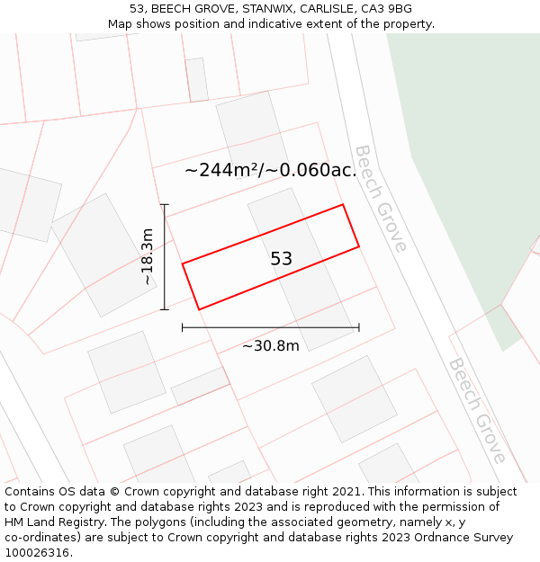 53, BEECH GROVE, STANWIX, CARLISLE, CA3 9BG: Plot and title map