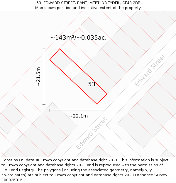 53, EDWARD STREET, PANT, MERTHYR TYDFIL, CF48 2BB: Plot and title map