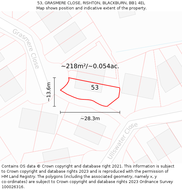 53, GRASMERE CLOSE, RISHTON, BLACKBURN, BB1 4EL: Plot and title map