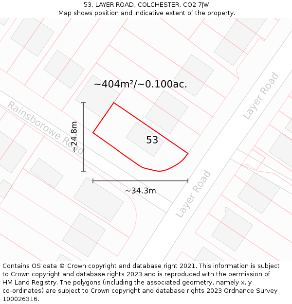53, LAYER ROAD, COLCHESTER, CO2 7JW: Plot and title map