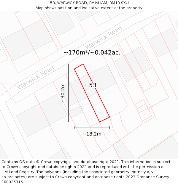 53, WARWICK ROAD, RAINHAM, RM13 9XU: Plot and title map