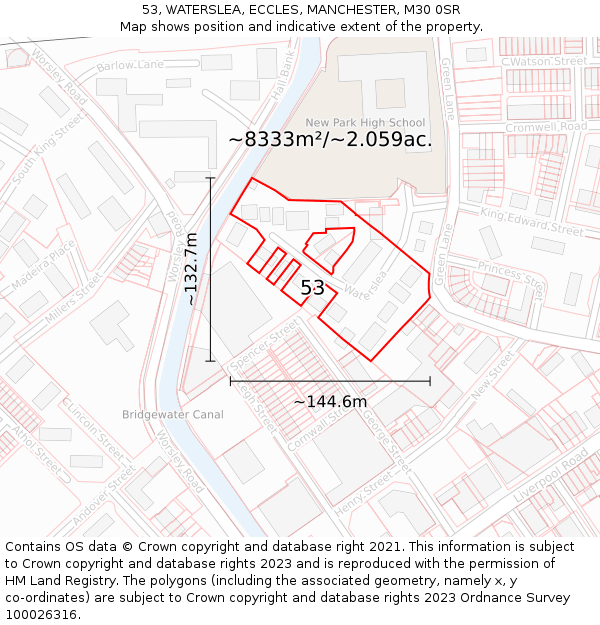 53, WATERSLEA, ECCLES, MANCHESTER, M30 0SR: Plot and title map