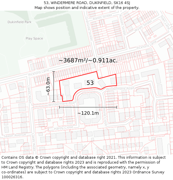 53, WINDERMERE ROAD, DUKINFIELD, SK16 4SJ: Plot and title map