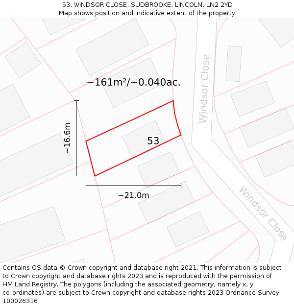 53, WINDSOR CLOSE, SUDBROOKE, LINCOLN, LN2 2YD: Plot and title map
