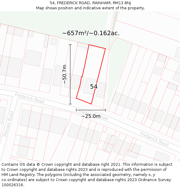 54, FREDERICK ROAD, RAINHAM, RM13 8NJ: Plot and title map