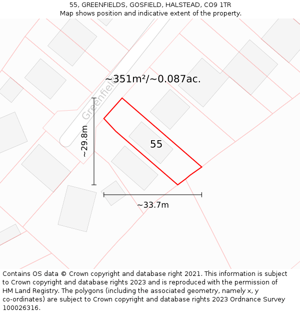 55, GREENFIELDS, GOSFIELD, HALSTEAD, CO9 1TR: Plot and title map