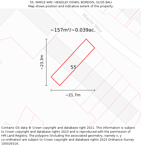 55, MAPLE WAY, HEADLEY DOWN, BORDON, GU35 8AU: Plot and title map