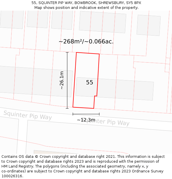 55, SQUINTER PIP WAY, BOWBROOK, SHREWSBURY, SY5 8PX: Plot and title map