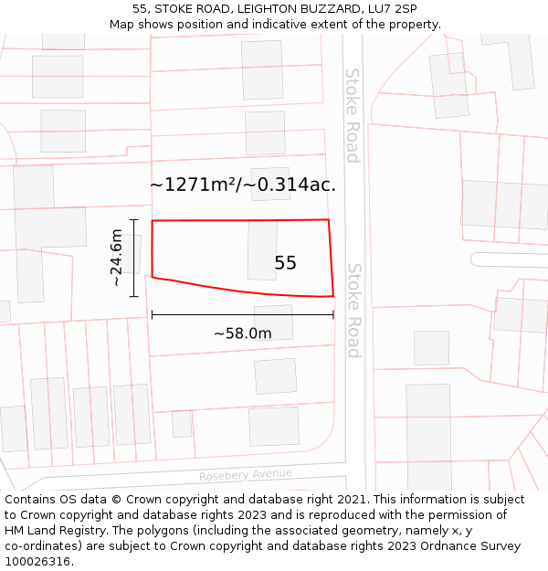 55, STOKE ROAD, LEIGHTON BUZZARD, LU7 2SP: Plot and title map
