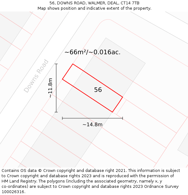 56, DOWNS ROAD, WALMER, DEAL, CT14 7TB: Plot and title map