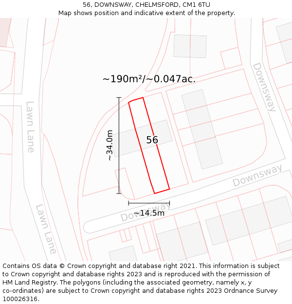 56, DOWNSWAY, CHELMSFORD, CM1 6TU: Plot and title map
