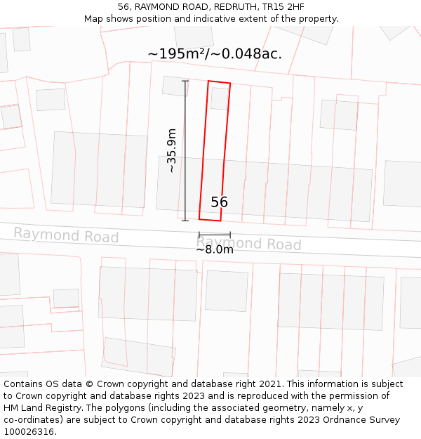 56, RAYMOND ROAD, REDRUTH, TR15 2HF: Plot and title map