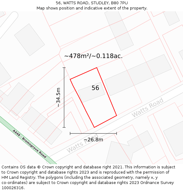 56, WATTS ROAD, STUDLEY, B80 7PU: Plot and title map