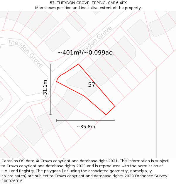 57, THEYDON GROVE, EPPING, CM16 4PX: Plot and title map