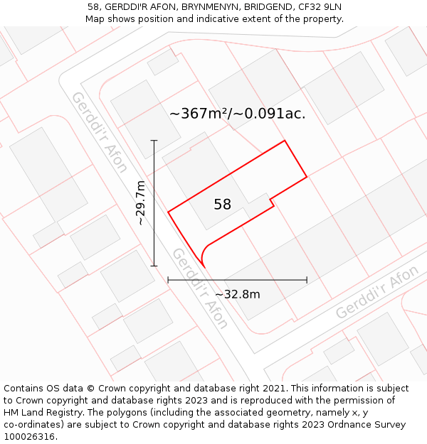 58, GERDDI'R AFON, BRYNMENYN, BRIDGEND, CF32 9LN: Plot and title map