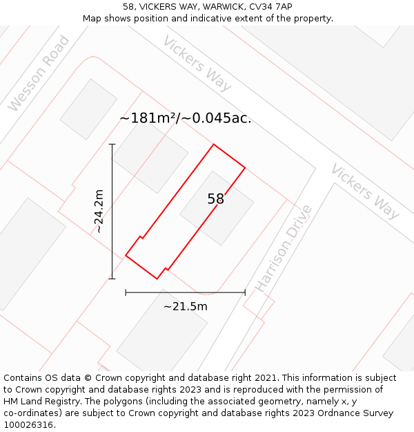 58, VICKERS WAY, WARWICK, CV34 7AP: Plot and title map