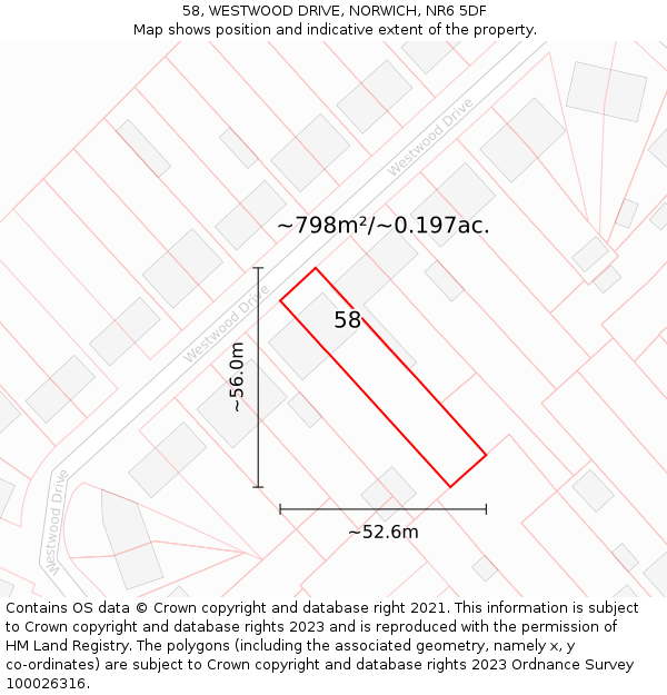 58, WESTWOOD DRIVE, NORWICH, NR6 5DF: Plot and title map