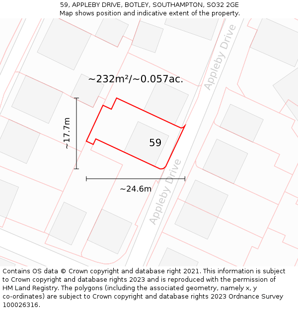 59, APPLEBY DRIVE, BOTLEY, SOUTHAMPTON, SO32 2GE: Plot and title map