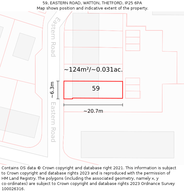 59, EASTERN ROAD, WATTON, THETFORD, IP25 6PA: Plot and title map