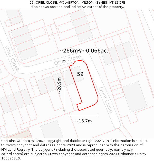 59, ORIEL CLOSE, WOLVERTON, MILTON KEYNES, MK12 5FE: Plot and title map