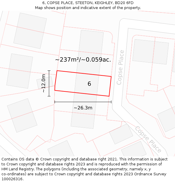 6, COPSE PLACE, STEETON, KEIGHLEY, BD20 6FD: Plot and title map