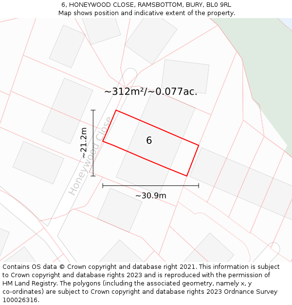 6, HONEYWOOD CLOSE, RAMSBOTTOM, BURY, BL0 9RL: Plot and title map