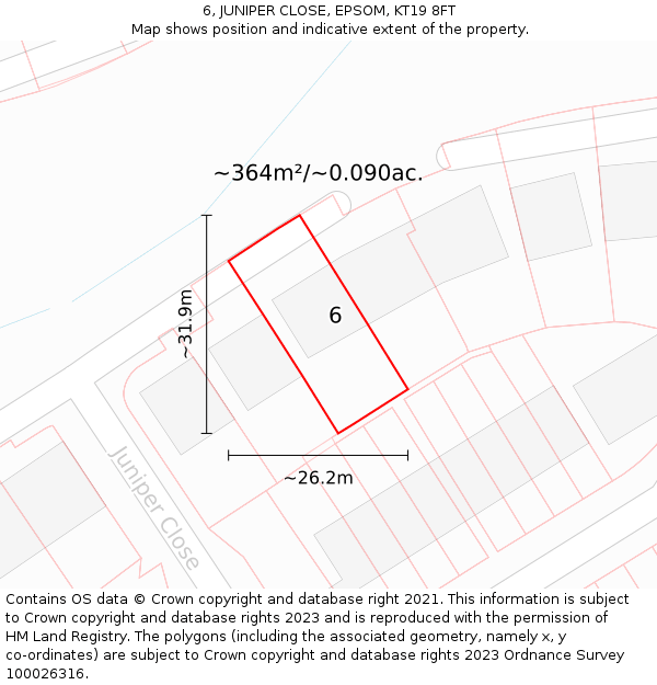 6, JUNIPER CLOSE, EPSOM, KT19 8FT: Plot and title map