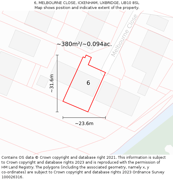 6, MELBOURNE CLOSE, ICKENHAM, UXBRIDGE, UB10 8SL: Plot and title map