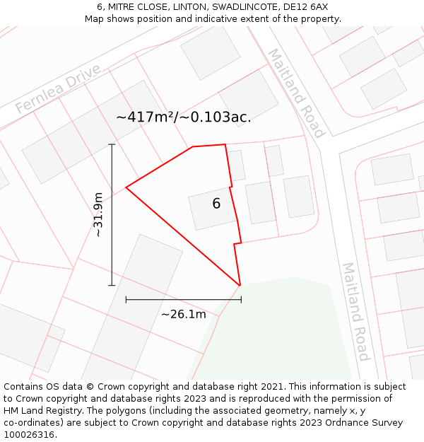 6, MITRE CLOSE, LINTON, SWADLINCOTE, DE12 6AX: Plot and title map