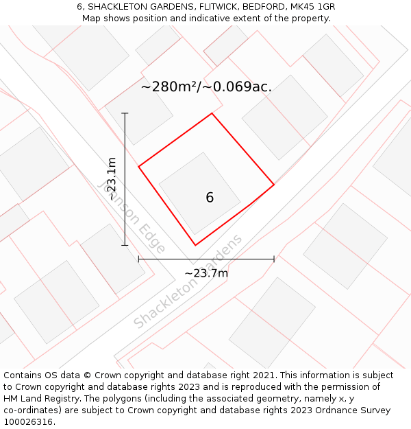 6, SHACKLETON GARDENS, FLITWICK, BEDFORD, MK45 1GR: Plot and title map
