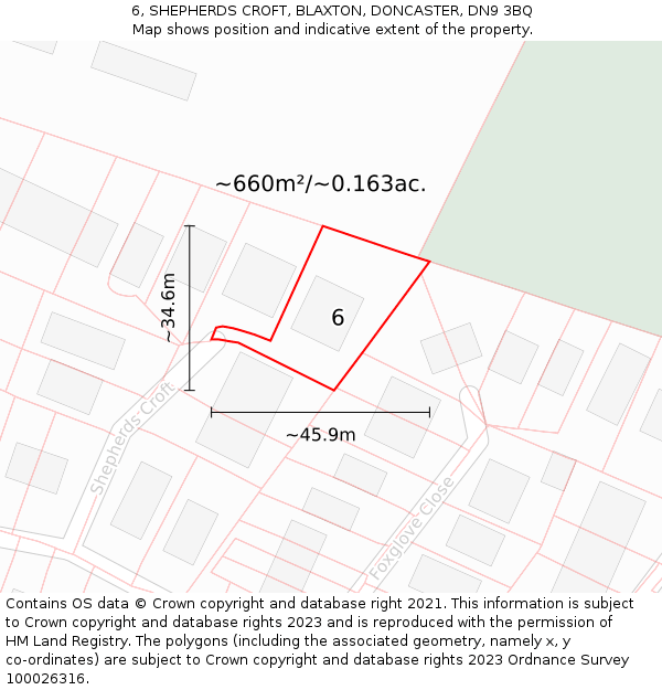 6, SHEPHERDS CROFT, BLAXTON, DONCASTER, DN9 3BQ: Plot and title map