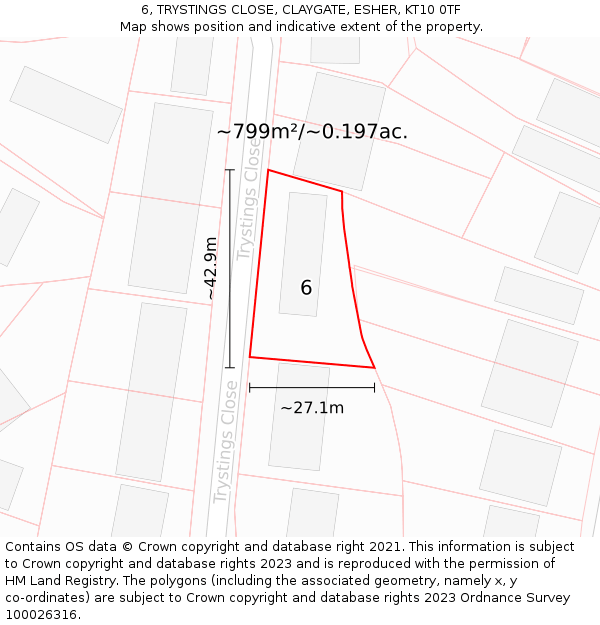 6, TRYSTINGS CLOSE, CLAYGATE, ESHER, KT10 0TF: Plot and title map