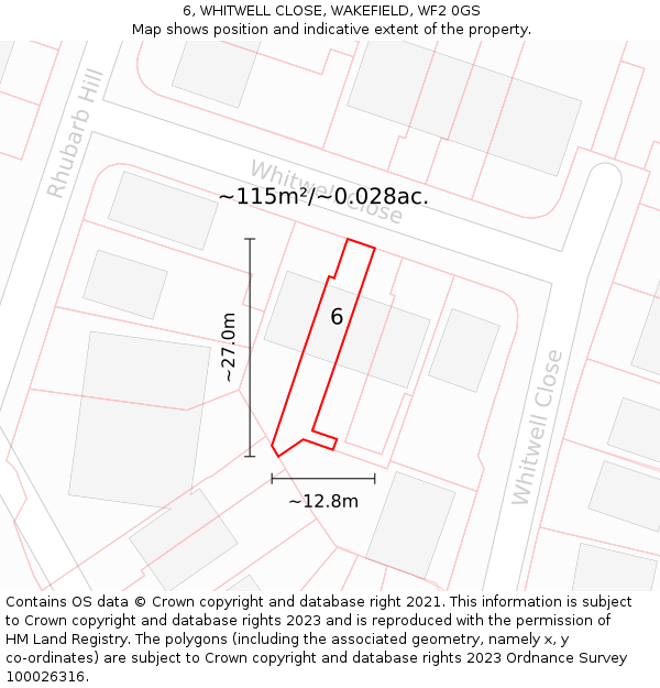 6, WHITWELL CLOSE, WAKEFIELD, WF2 0GS: Plot and title map