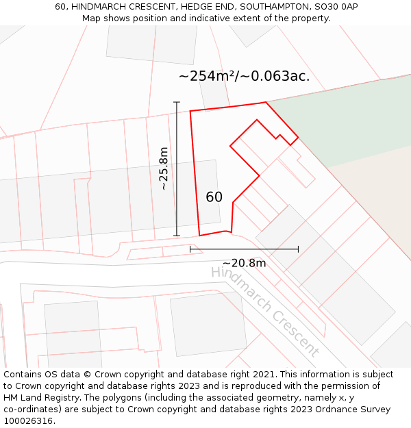 60, HINDMARCH CRESCENT, HEDGE END, SOUTHAMPTON, SO30 0AP: Plot and title map
