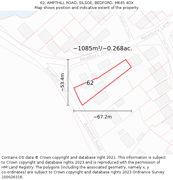 62, AMPTHILL ROAD, SILSOE, BEDFORD, MK45 4DX: Plot and title map