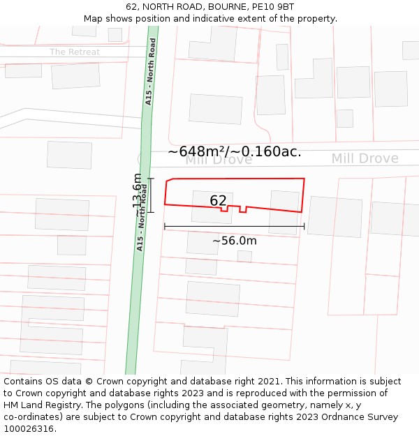 62, NORTH ROAD, BOURNE, PE10 9BT: Plot and title map