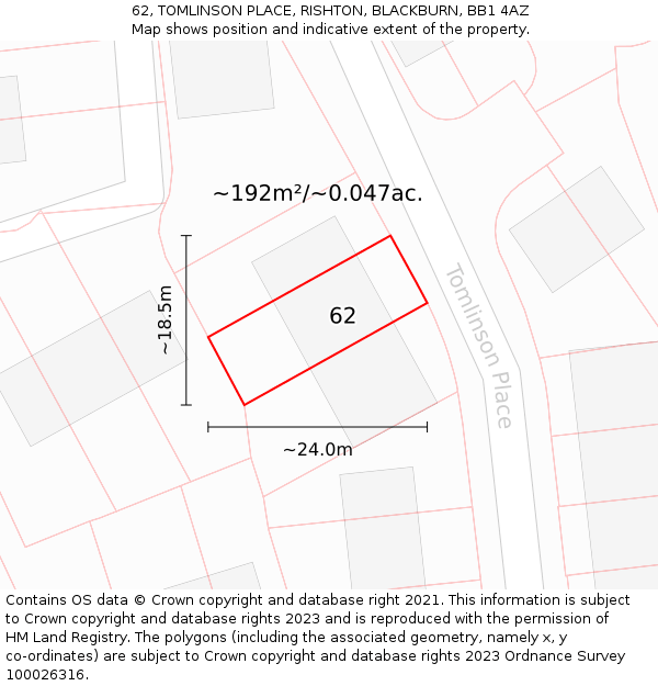 62, TOMLINSON PLACE, RISHTON, BLACKBURN, BB1 4AZ: Plot and title map