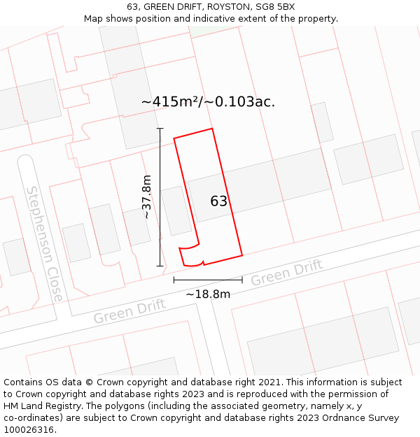 63, GREEN DRIFT, ROYSTON, SG8 5BX: Plot and title map