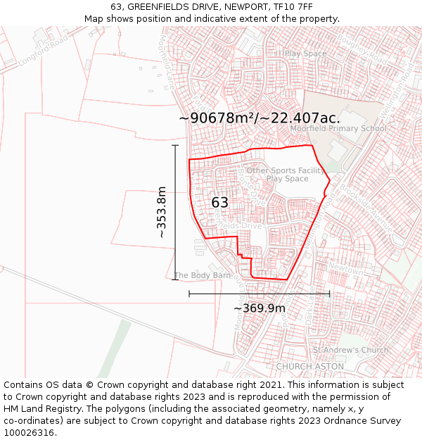 63, GREENFIELDS DRIVE, NEWPORT, TF10 7FF: Plot and title map