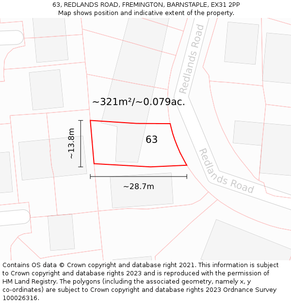 63, REDLANDS ROAD, FREMINGTON, BARNSTAPLE, EX31 2PP: Plot and title map