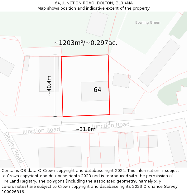 64, JUNCTION ROAD, BOLTON, BL3 4NA: Plot and title map