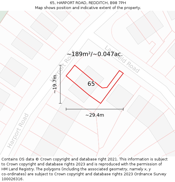 65, HARPORT ROAD, REDDITCH, B98 7PH: Plot and title map