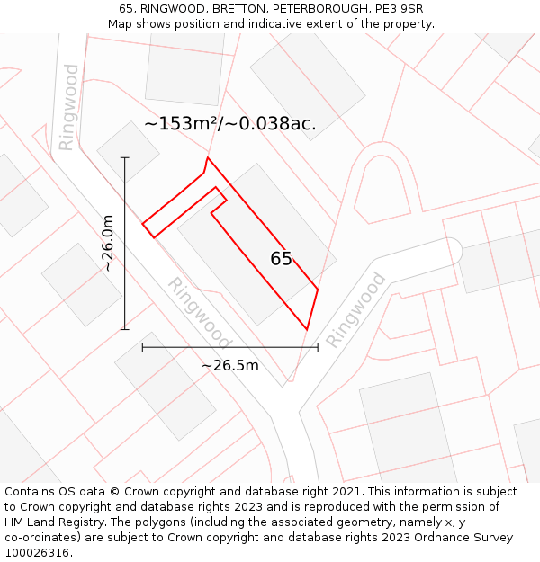 65, RINGWOOD, BRETTON, PETERBOROUGH, PE3 9SR: Plot and title map